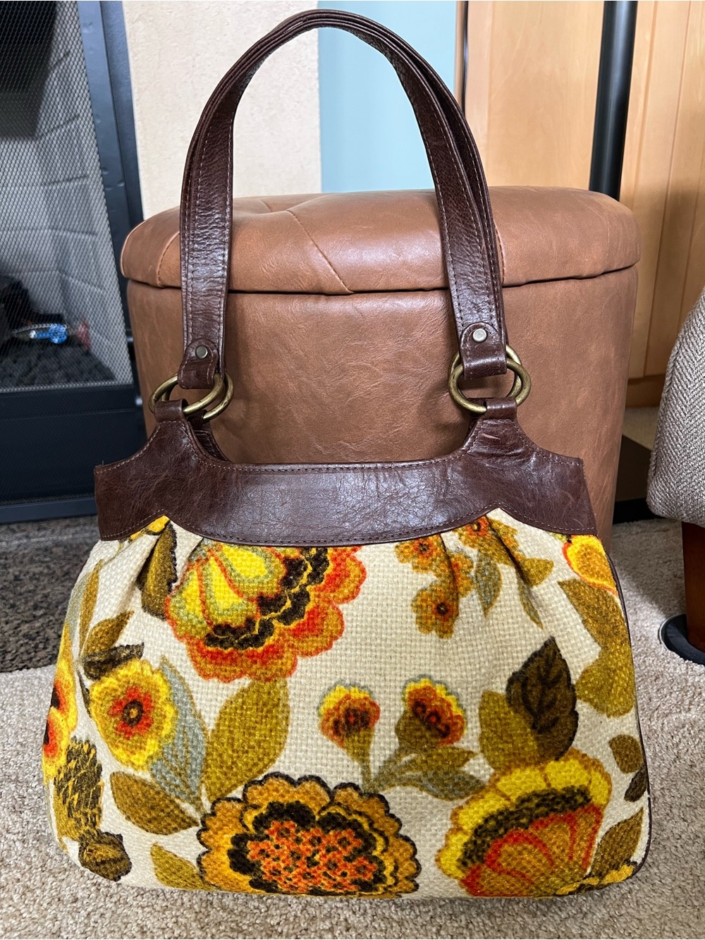 Kim White Vintage Yellow Floral Tapestry Leather Trim Shoulder Bag